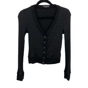David Lerner Revolve Women XS Crop Cardigan Black Ribbed Knit V-Neck Button Up